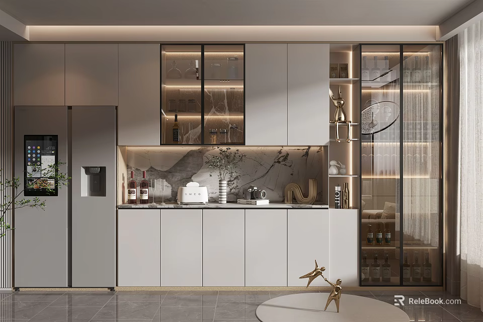 Modern Kitchen Interior Wine Cabinet With Glass Doors LED Lighting And Marble Backsplash 3d model 