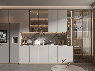 Modern Kitchen Interior Wine Cabinet With Glass Doors LED Lighting And Marble Backsplash 3d model
