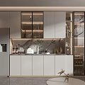 Modern Kitchen Interior Wine Cabinet With Glass Doors LED Lighting And Marble Backsplash