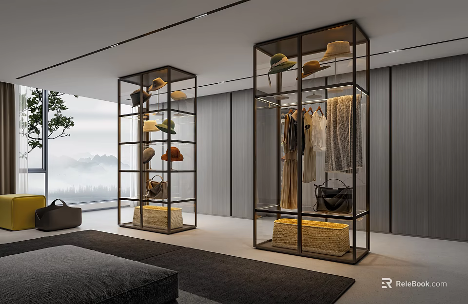Modern Walk in Closet Design With Glass Frame Hanging Clothes Hats Bags And Storage Baskets 3d model 