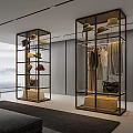 Modern Walk in Closet Design With Glass Frame Hanging Clothes Hats Bags And Storage Baskets