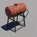 Industrial Equipment Rusty Cylindrical Tank With Black Metal Stand Connected Hose And Yellow Warning Sign