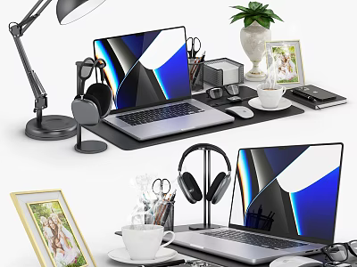 Modern Laptop Workspace With Headphones Desk Lamp Potted Plant And Photo Frame 3d model