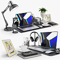 Modern Laptop Workspace With Headphones Desk Lamp Potted Plant And Photo Frame