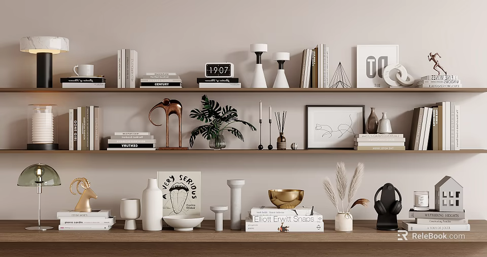 Decorative Ornament Combination on Wooden Shelves with Books Sculptures Plants Vases Candles and Photo Frames 3d model 
