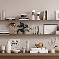 Decorative Ornament Combination on Wooden Shelves with Books Sculptures Plants Vases Candles and Photo Frames