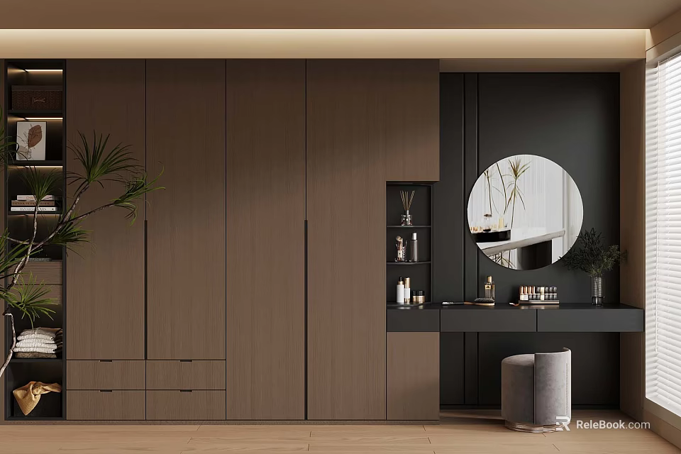 Modern Interior With Wooden Cabinetry Round Mirror Vanity Table And Potted Plant 3d model 