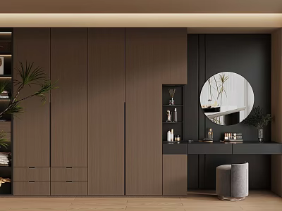 Modern Interior With Wooden Cabinetry Round Mirror Vanity Table And Potted Plant 3d model