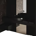 Minimalist Modern Washbasin Design With Dark Brown Marble Wall Mirror And Black Countertop