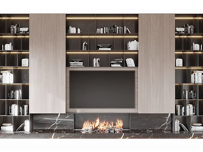 Modern TV Wall Unit With Built-in TV Wooden Cabinet Marble Top And Storage Shelves 3d model