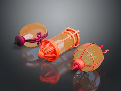 Modern Decorative Lighting Fixture Set with Orange Pink Translucent Shades Mesh Frames Pointed Bases 3d model