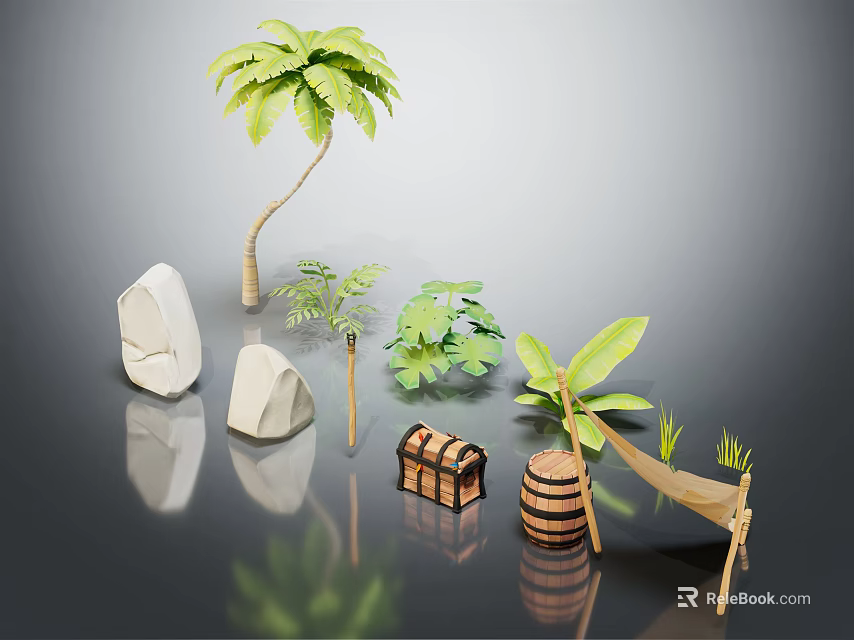Wooden and Stone Elements with Palm Tree Small Plants Banana Leaf Chest Barrel and Sign 3d model 