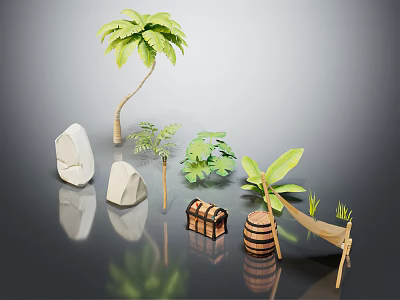 Wooden and Stone Elements with Palm Tree Small Plants Banana Leaf Chest Barrel and Sign 3d model