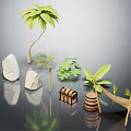Wooden and Stone Elements with Palm Tree Small Plants Banana Leaf Chest Barrel and Sign