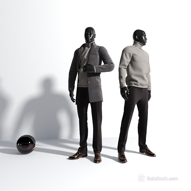 Two Fashion Mannequins In Gray Coat And Turtleneck Sweater With Black Pants On White Background 3d model 