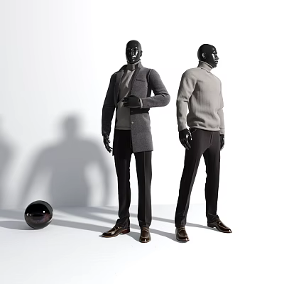 Two Fashion Mannequins In Gray Coat And Turtleneck Sweater With Black Pants On White Background 3d model