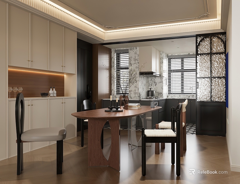 Modern Restaurant Interior With Wooden Dining Table Leather Chairs And Glass Windows 3d model 