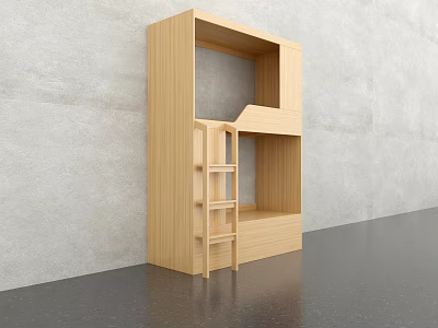 Wooden Bunk Bed With Ladder And Storage Shelves For Small Bedroom 3d model