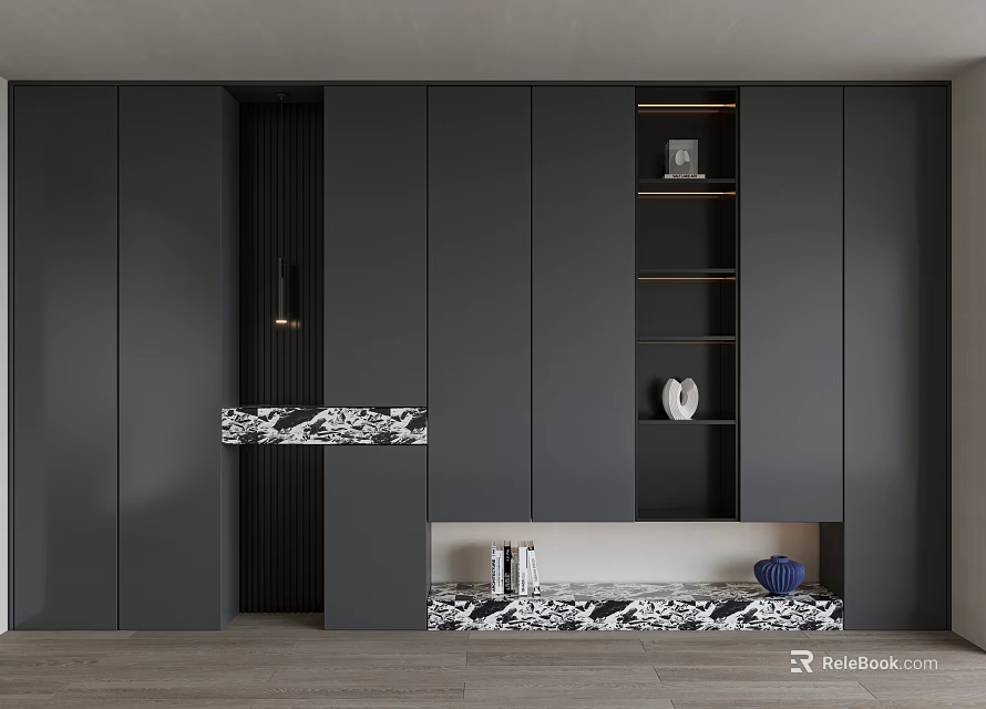 Modern Shoe Cabinet Interior Design With Dark Gray Cabinetry Open Shelves And Decor Items 3d model 