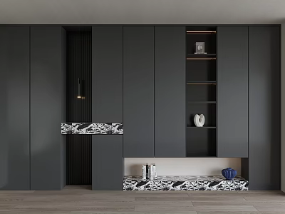 Modern Shoe Cabinet Interior Design With Dark Gray Cabinetry Open Shelves And Decor Items 3d model