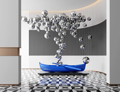 Modern Interior Sculpture With Silver Spheres Blue Boat Base And Black White Geometric Floor Design 3d model