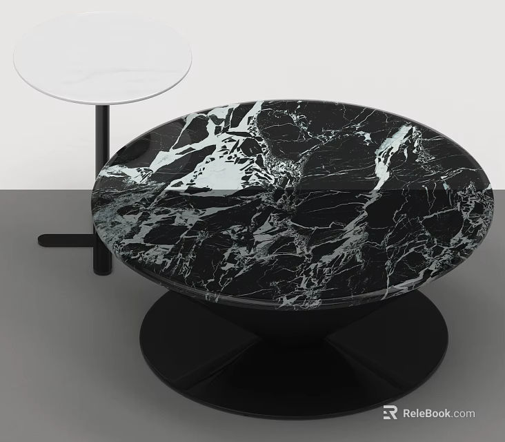 Round Black Marble Coffee Table With Modern Base And Small White Side Table 3d model
