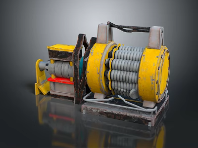 Weapon Mechanical Component With Yellow Coiled Structure Metal Base And Industrial Cables 3d model
