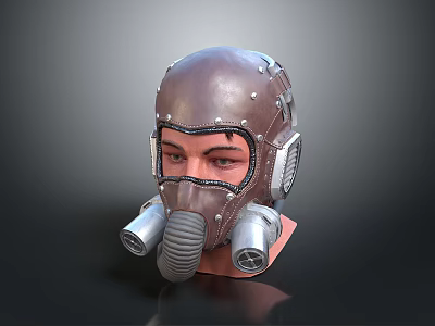 Futuristic Brown Leather Helmet with Goggles Metal Tubes and Rivets Design 3d model