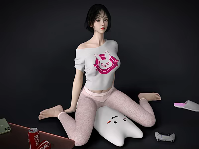Cute White Cartoon Inflatable Toy With Soft Design Near Woman Sitting On Floor 3d model