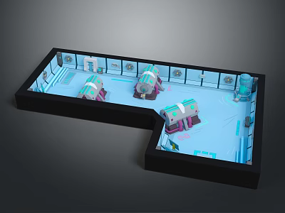 Cartoon Scene With Small Buildings Green Roofs And Blue Ground Decorative Elements 3d model