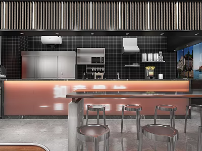 Modern Restaurant Open Kitchen Design With Bar Counter And Stainless Steel Stools 3d model