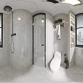 Modern Bathroom Interior With White Toilet Gray Tiled Walls And Shelves With Toiletries