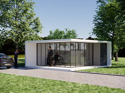 Modern Glass Entrance Gate Of Contemporary Building With Grass Trees And Car 3d model