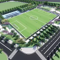 Scenic Park Landscape with Football Field and Green Lawn Surrounded by Trees and Walking Paths