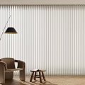 Vertical Blinds in Modern Interior with Armchair Wooden Stool and Floor Lamp