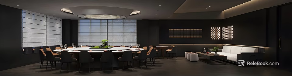 Private Dining Box Interior With Round Table Dark Chairs Large Windows And Circular Light 3d model 
