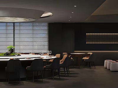 Private Dining Box Interior With Round Table Dark Chairs Large Windows And Circular Light 3d model