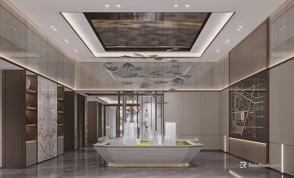 Modern Sales Office Interior Design With Chandelier Central Display Table And Marble Flooring 3d model 
