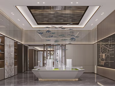 Modern Sales Office Interior Design With Chandelier Central Display Table And Marble Flooring 3d model