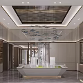 Modern Sales Office Interior Design With Chandelier Central Display Table And Marble Flooring