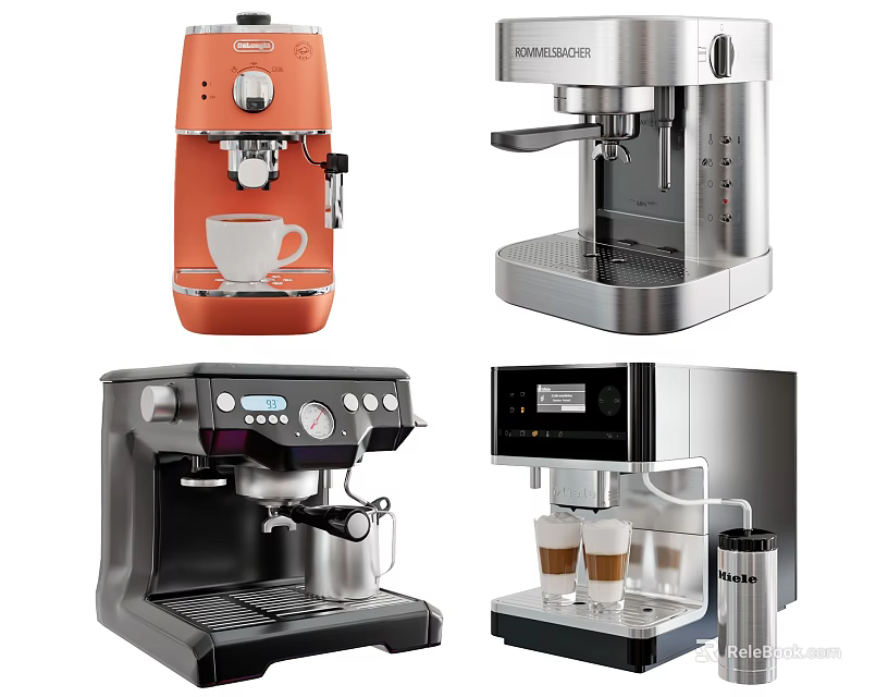 Modern Kitchen Appliances Stylish Coffee Machines With Various Designs And Colors 3d model 
