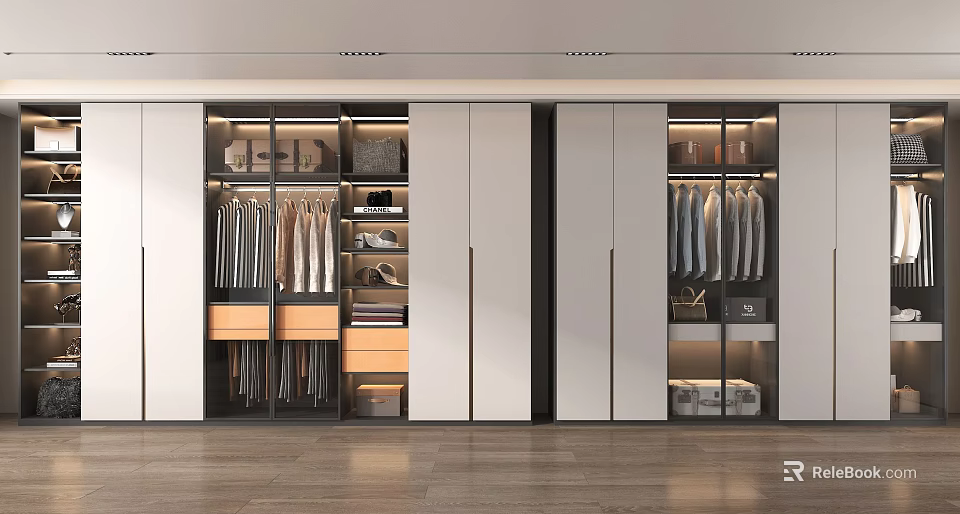 Modern Wardrobe With Sliding Doors Hanging Rods Drawers And Storage Compartments 3d model 