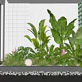 Indoor Landscape Featuring Large Green Fern Plants Decorative Sphere Lamp Grid and Green Tile Walls