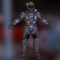 Game Movie Character in Red Black Camouflage Armor with Blue Accents Helmet and Visor