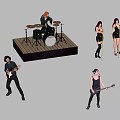Group Of Band Members Performing On Wooden Stage With Drums Guitars And Singers