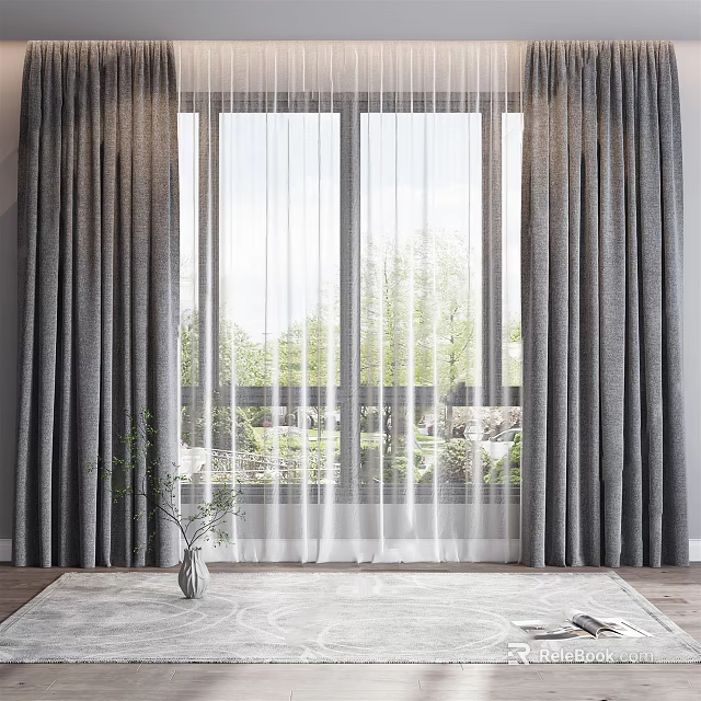 Gray Curtains With White Sheer For Large Window Modern Interior Scenic View 3d model 