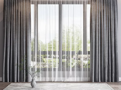 Gray Curtains With White Sheer For Large Window Modern Interior Scenic View 3d model