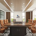 Modern Conference Room With Long Table Brown Leather Chairs Large Screen Monitor Ceiling Light Strips