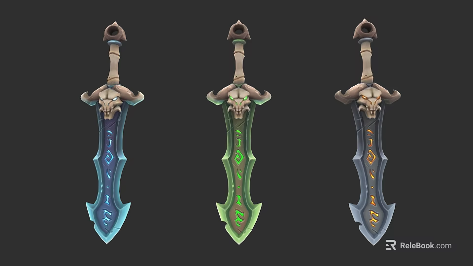 Three Decorative Swords With Skull Handles And Different Colorful Glowing Blades 3d model 