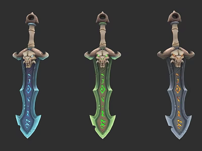 Three Decorative Swords With Skull Handles And Different Colorful Glowing Blades 3d model